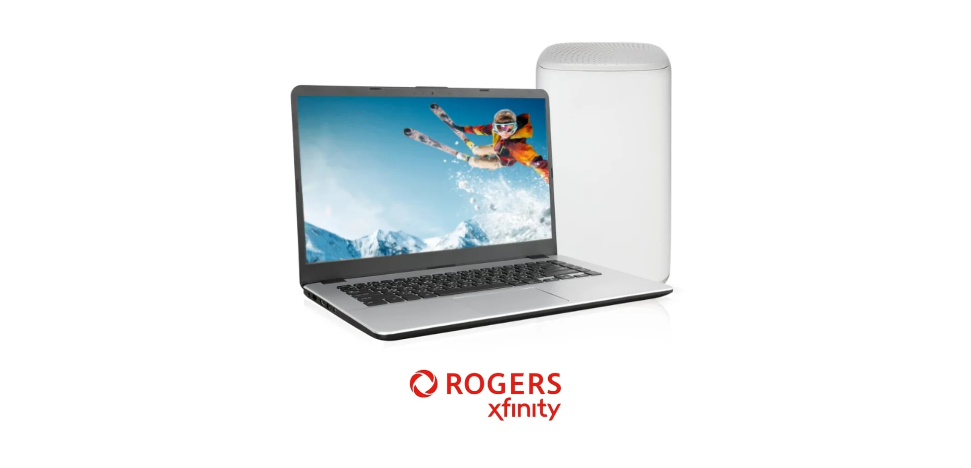A laptop screen in front of an internet modem displays a skier doing a flip, beside an Olympic flame, above Rogers XFinity internet logo on a white background.